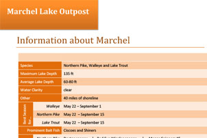 Marchel Lake Outpost Fishing Specs