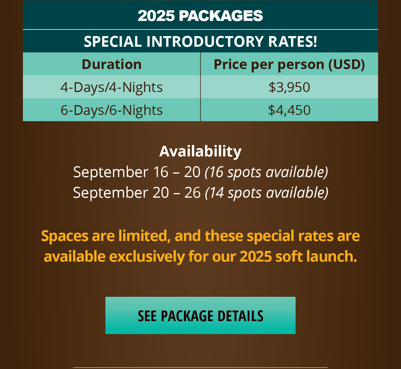 2025 Package Rates - See Package Details