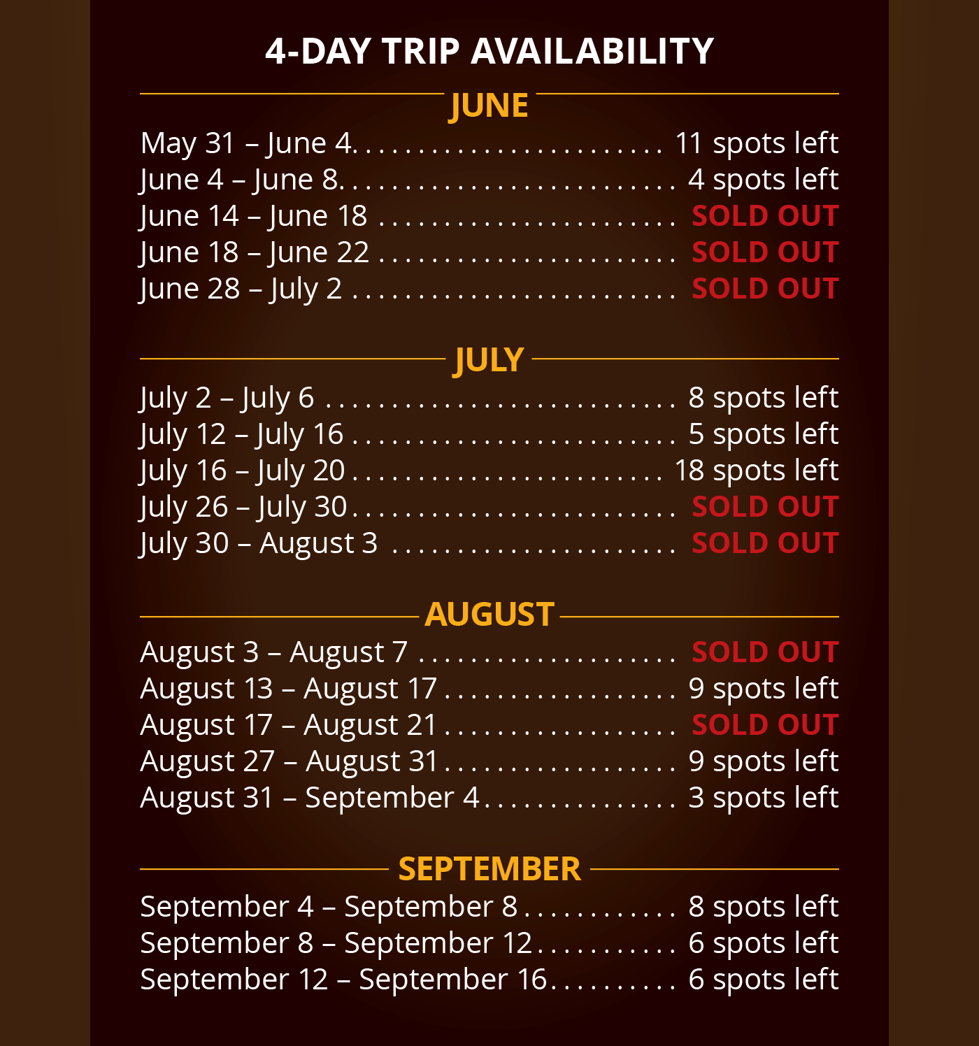 4-DAY TRIP AVAILABILITY