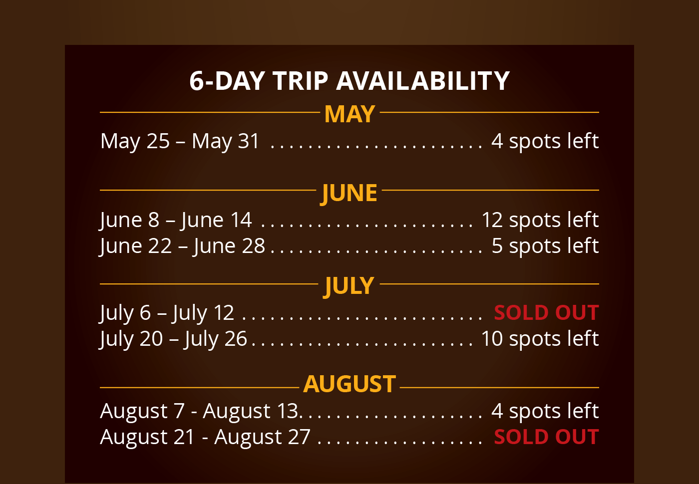 6-DAY TRIP AVAILABILITY